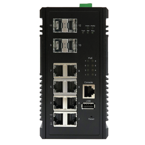 DYMEC KY-CPG0804, 12 Port, Managed, PoE+,Layer 3, IEC 61850-3, Router/Switch, with 8 x 10/100/1000Base-T(X) PSE (30 Watt) ports and 4 x 1000Base-X SFP ports, Din-Rail supporting RIP, OSPF & IPv6 Protocols, DoS / DDoS Supression - DYMECDIRECT