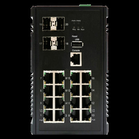 KY-MPGB1604 - 20 port, Managed, Temperature Hardened, NSA Certified -  16 x 30 Watt PoE Plus Ports & 4 x 1000 Gigabit SFP Slots - DYMECDIRECT